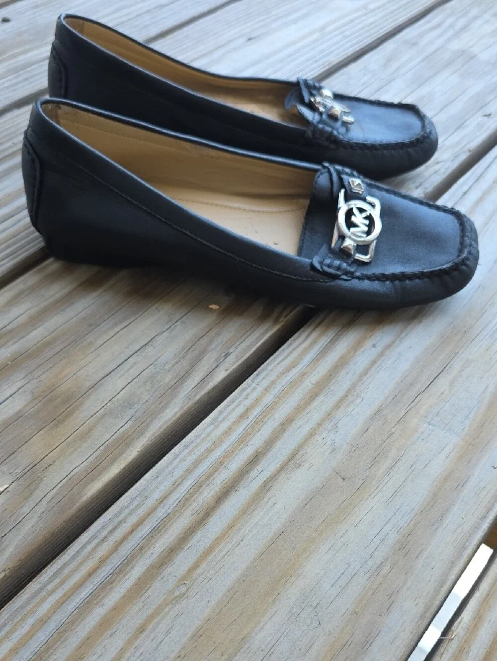 Michael Kors Black Leather Moccasin Loafers with Silver MK Emblem